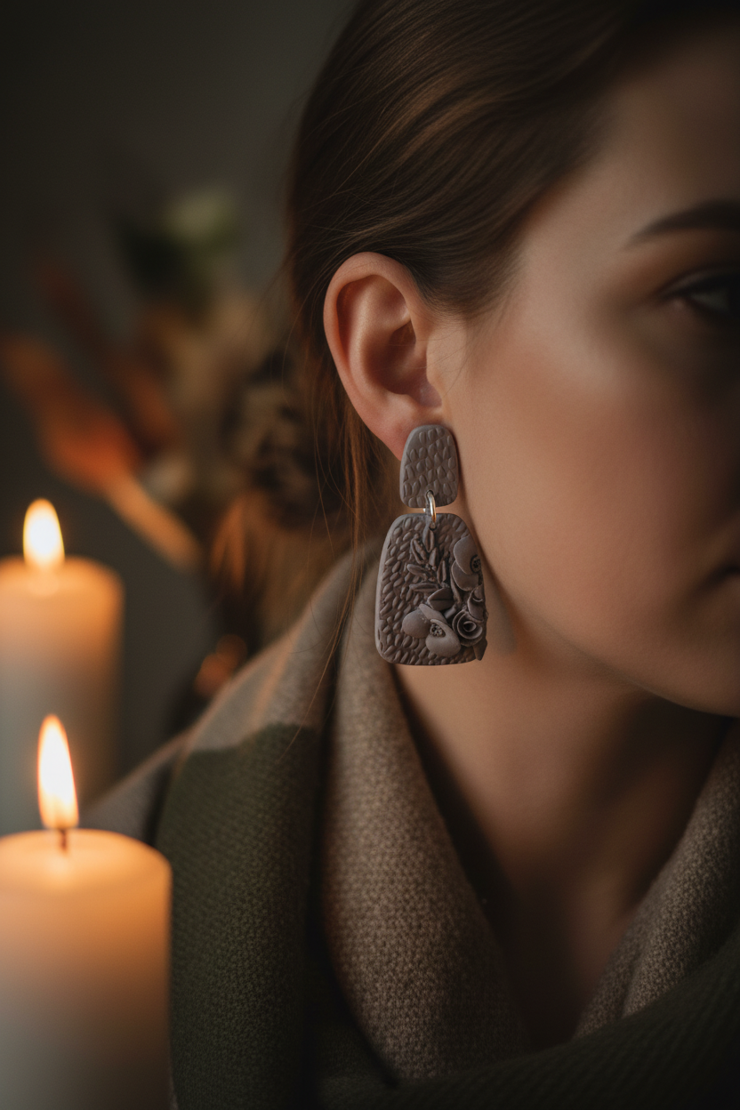 Model wearing Crafty Larder Botanical Arch Earrings in Vapor Blue — small 4.5cm soft grey-blue polymer clay arch drop with 3D floral detail and silver hoop connector, styled in a moody candlelit autumn portrait