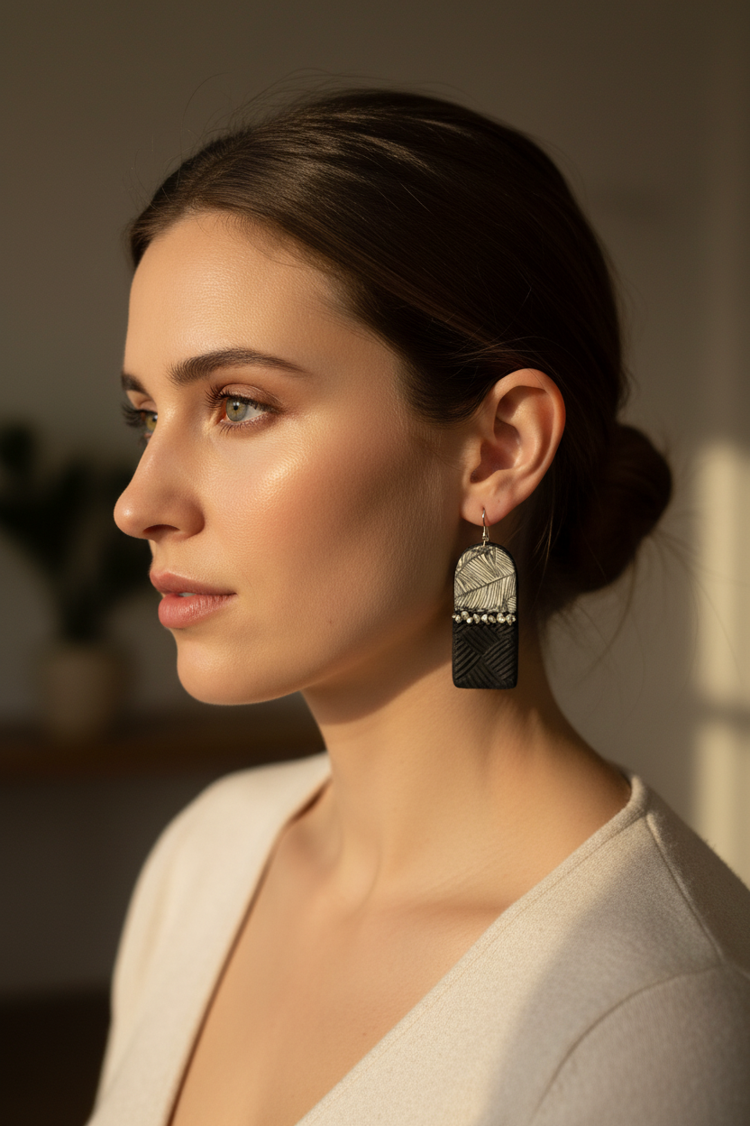 Model wearing handmade black polymer clay arch drop earrings with botanical leaf print and silver nuggets, by Crafty Larder NZ