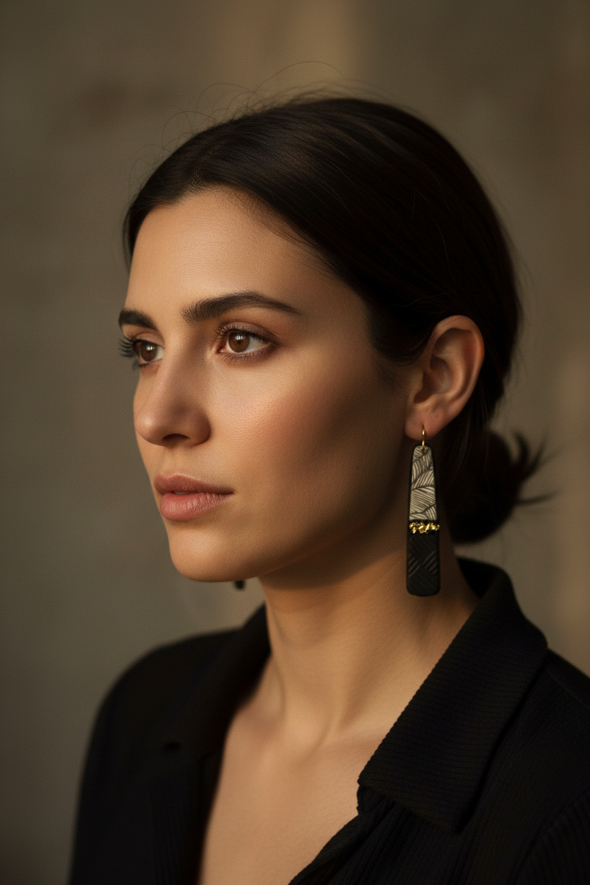 Model wearing handmade black polymer clay bar drop earrings with botanical leaf print and gold nuggets, by Crafty Larder NZ