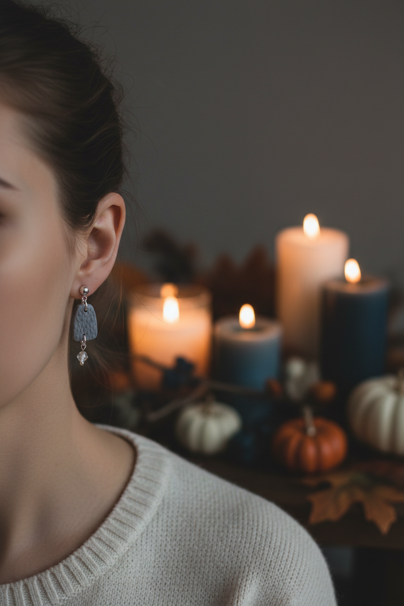 Model wearing Crafty Larder Botanical Crystal Earrings in Vapor Blue — 3cm soft grey-blue polymer clay rounded trapezoid drop with silver ball stud, hoop connector and crystal bead dangle, styled in a moody candlelit autumn portrait