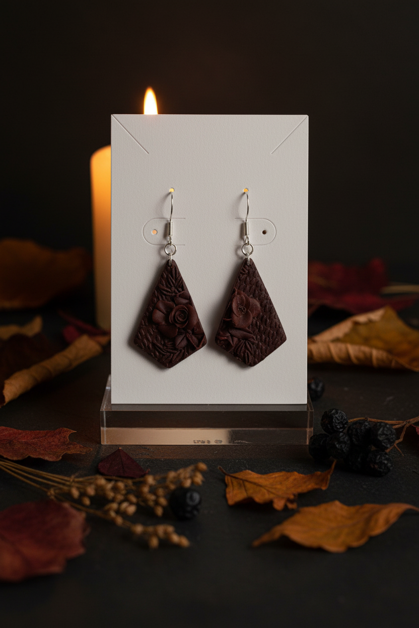 Handmade polymer clay Botanical Kite Earrings in Hot Chocolate — deep chocolate brown inverted triangle drop with embossed 3D floral botanical surface and silver shepherd hook ear wires, displayed on a white jewellery card with moody autumn botanical props, handcrafted in New Zealand by Crafty Larder