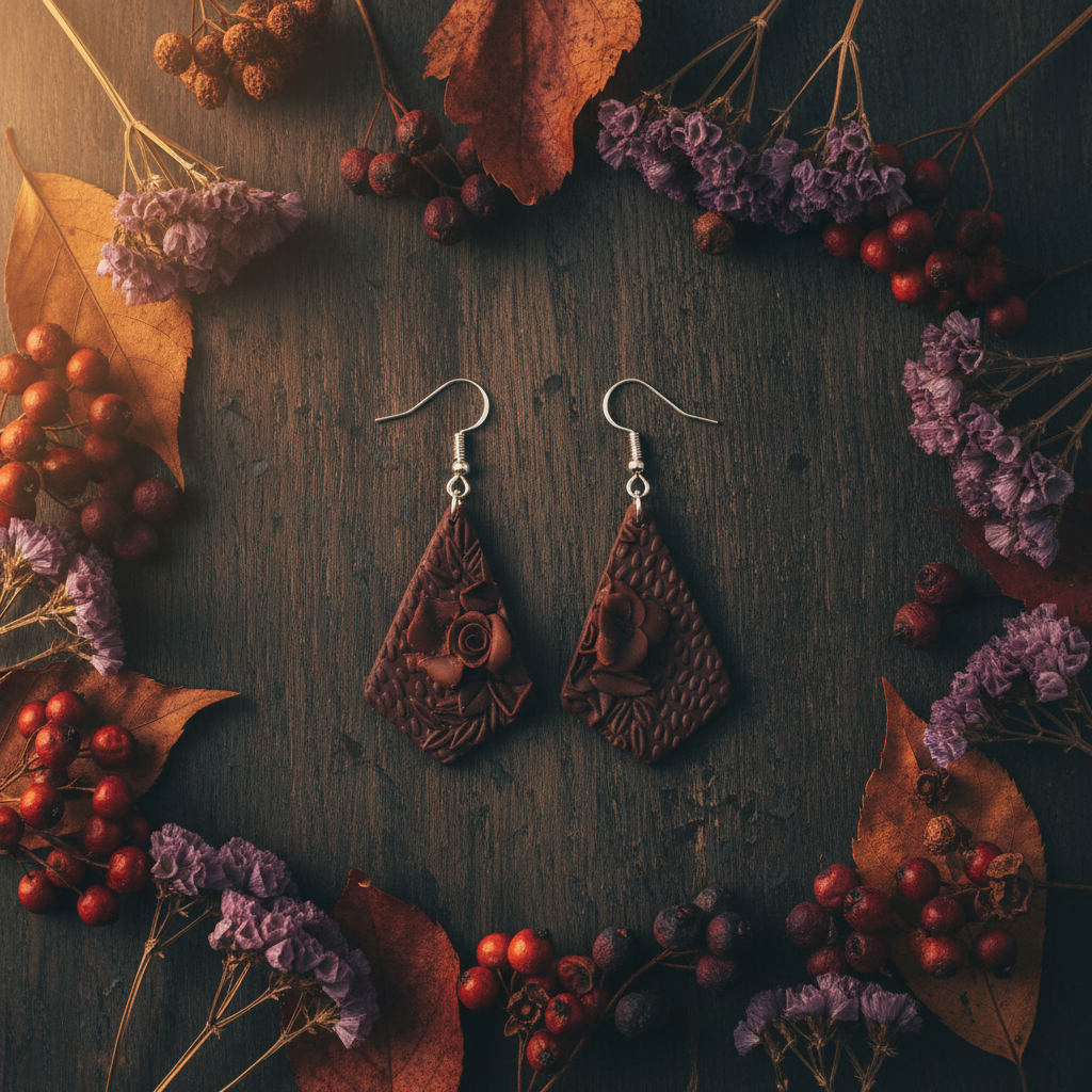 Handmade polymer clay Botanical Kite Earrings in Hot Chocolate — deep chocolate brown kite-shaped drop with embossed botanical roses and leaves, styled flat lay with dried autumn leaves, seed heads and berries by Crafty Larder New Zealand