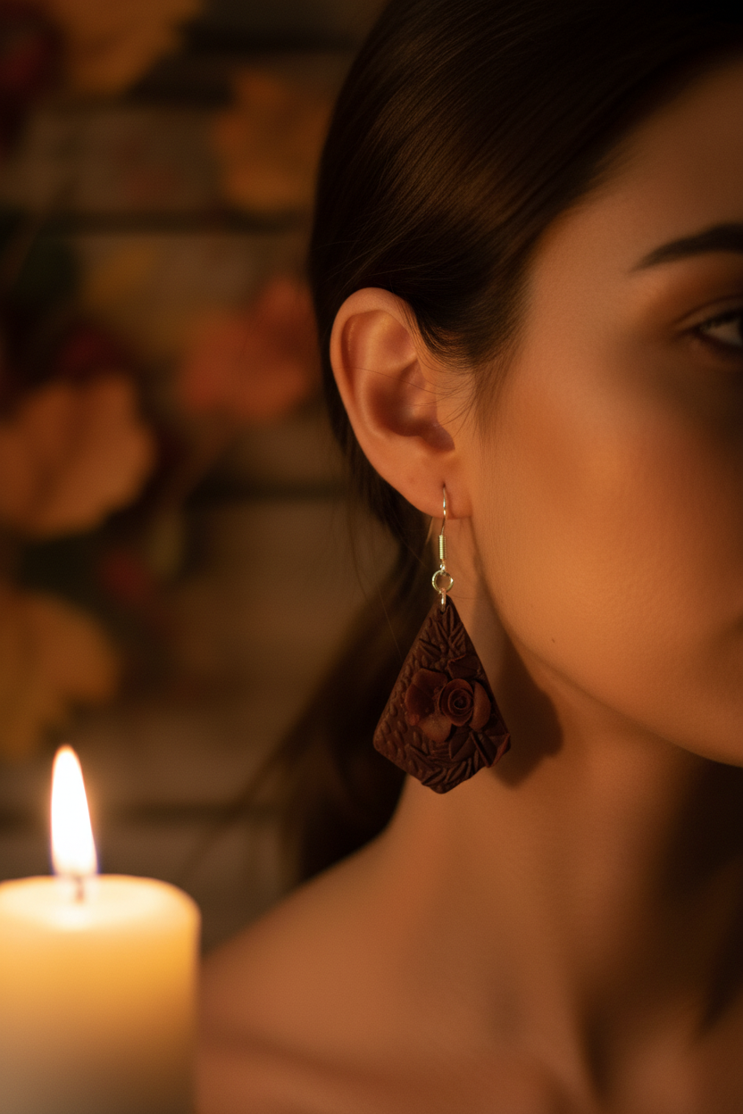 Model wearing Crafty Larder Botanical Kite Earrings in Hot Chocolate — 5cm deep chocolate brown polymer clay kite drop with embossed floral detail and silver ear wires, styled in a moody candlelit autumn portrait