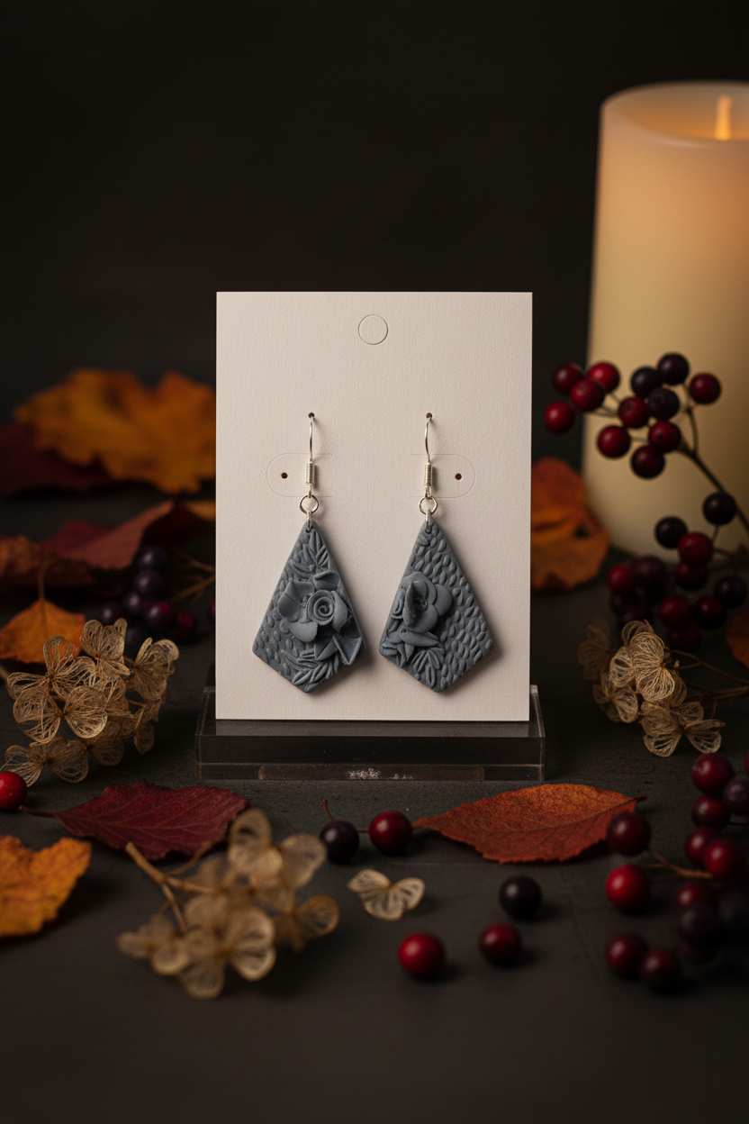 Handmade polymer clay Botanical Kite Earrings in Vapor Blue — soft grey-blue inverted triangle drop with embossed 3D floral botanical surface and silver shepherd hook ear wires, displayed on a white jewellery card with moody autumn botanical props, handcrafted in New Zealand by Crafty Larder