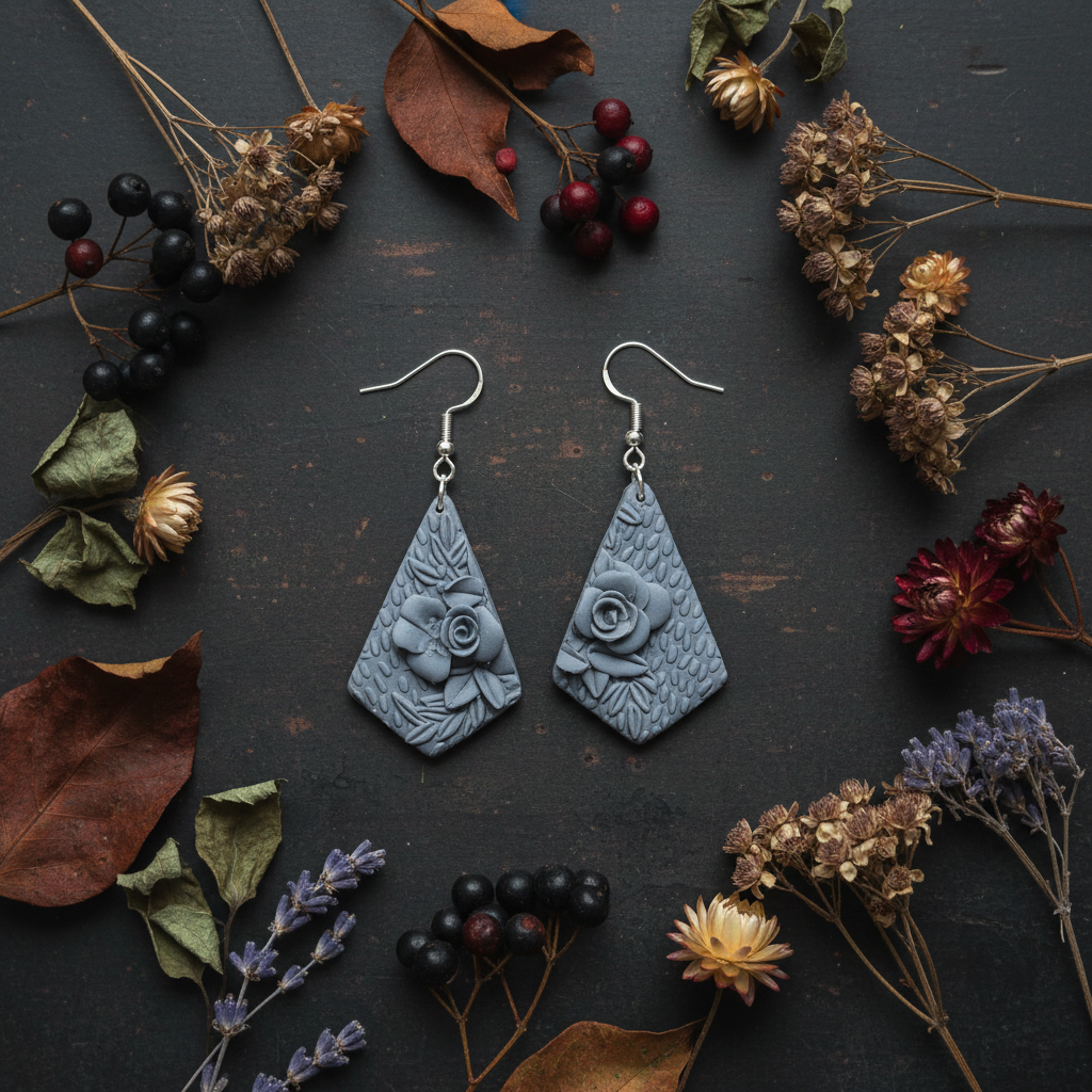 Handmade polymer clay Botanical Kite Earrings in Vapor Blue — soft grey-blue kite-shaped drop with embossed botanical roses and leaves, styled flat lay with dried autumn leaves, seed heads and berries by Crafty Larder New Zealand