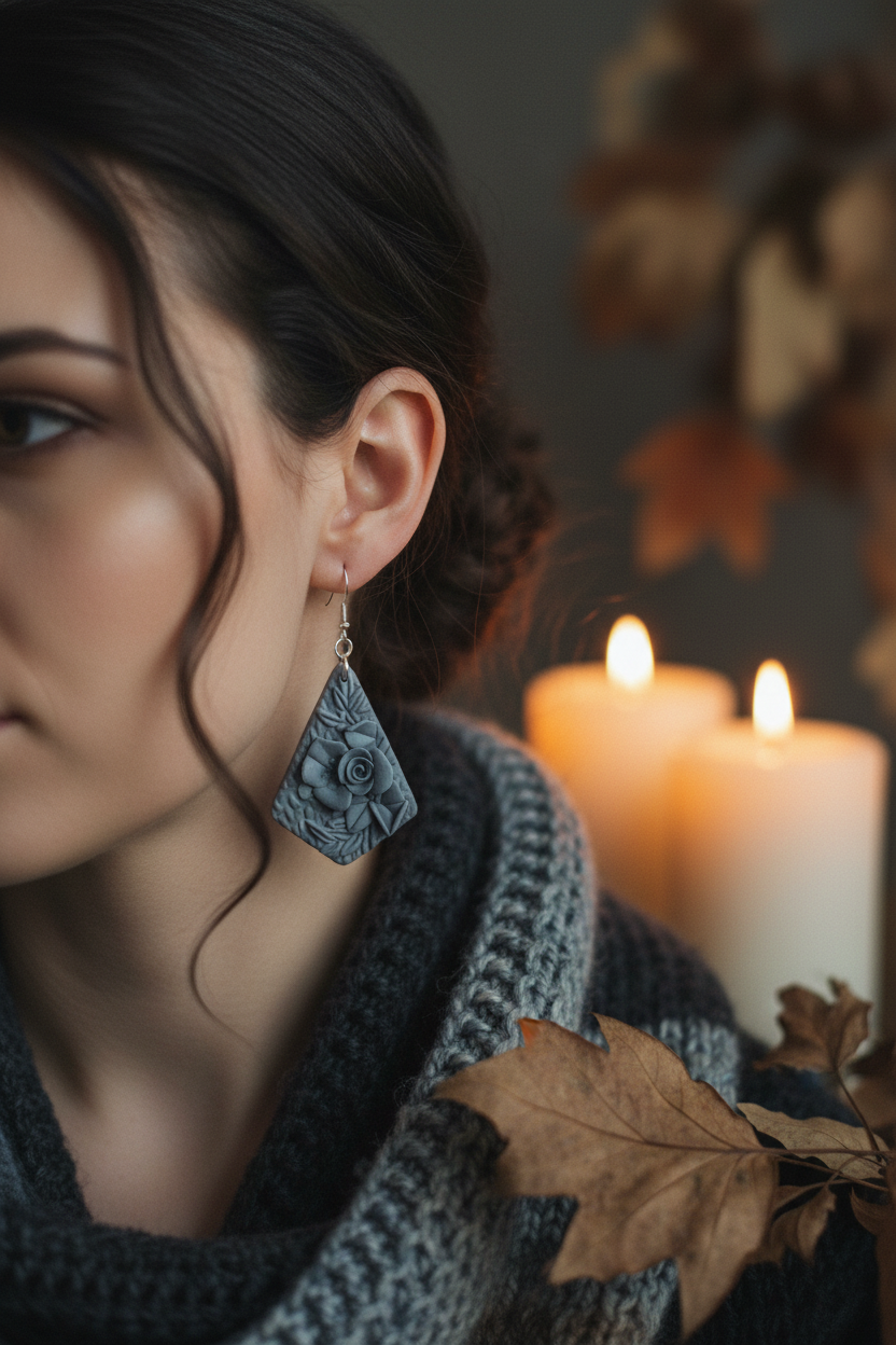 Model wearing Crafty Larder Botanical Kite Earrings in Vapor Blue — 5cm soft grey-blue polymer clay kite drop with embossed floral detail and silver ear wires, styled in a moody candlelit autumn portrait