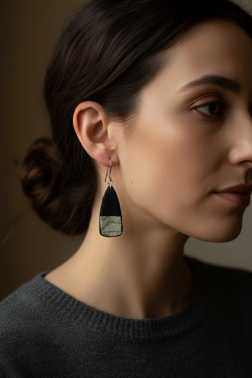 Model wearing handmade black polymer clay paddle drop earrings with botanical leaf print and stainless steel hooks, by Crafty Larder NZ