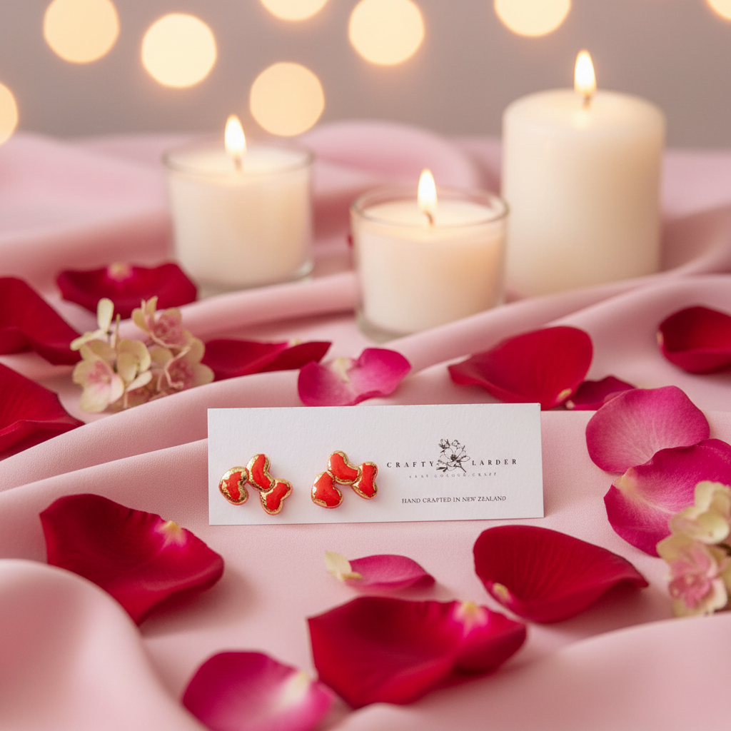 "Red bow heart stud earrings with rose petals and romantic Valentine's Day styling"
