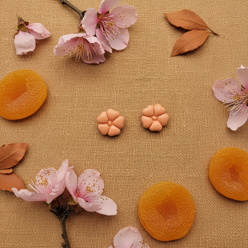 Blossom Studs in Brandied Melon flat lay with dried peach flowers and terracotta leaves on warm linen, handmade polymer clay earrings from Crafty Larder's Harvest & Dusk Collection