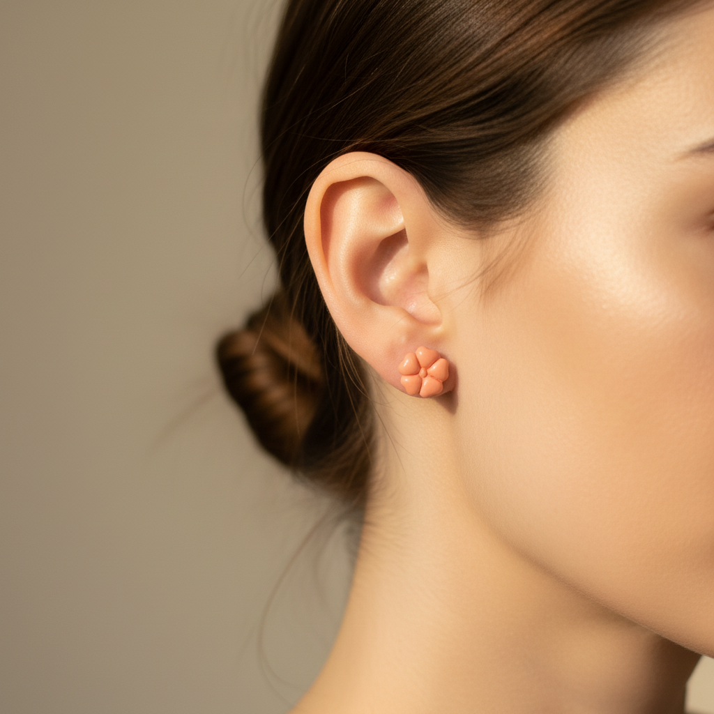 Woman wearing Blossom Studs in Brandied Melon, warm peachy coral polymer clay 5-petal flower studs, handcrafted in New Zealand by Crafty Larder