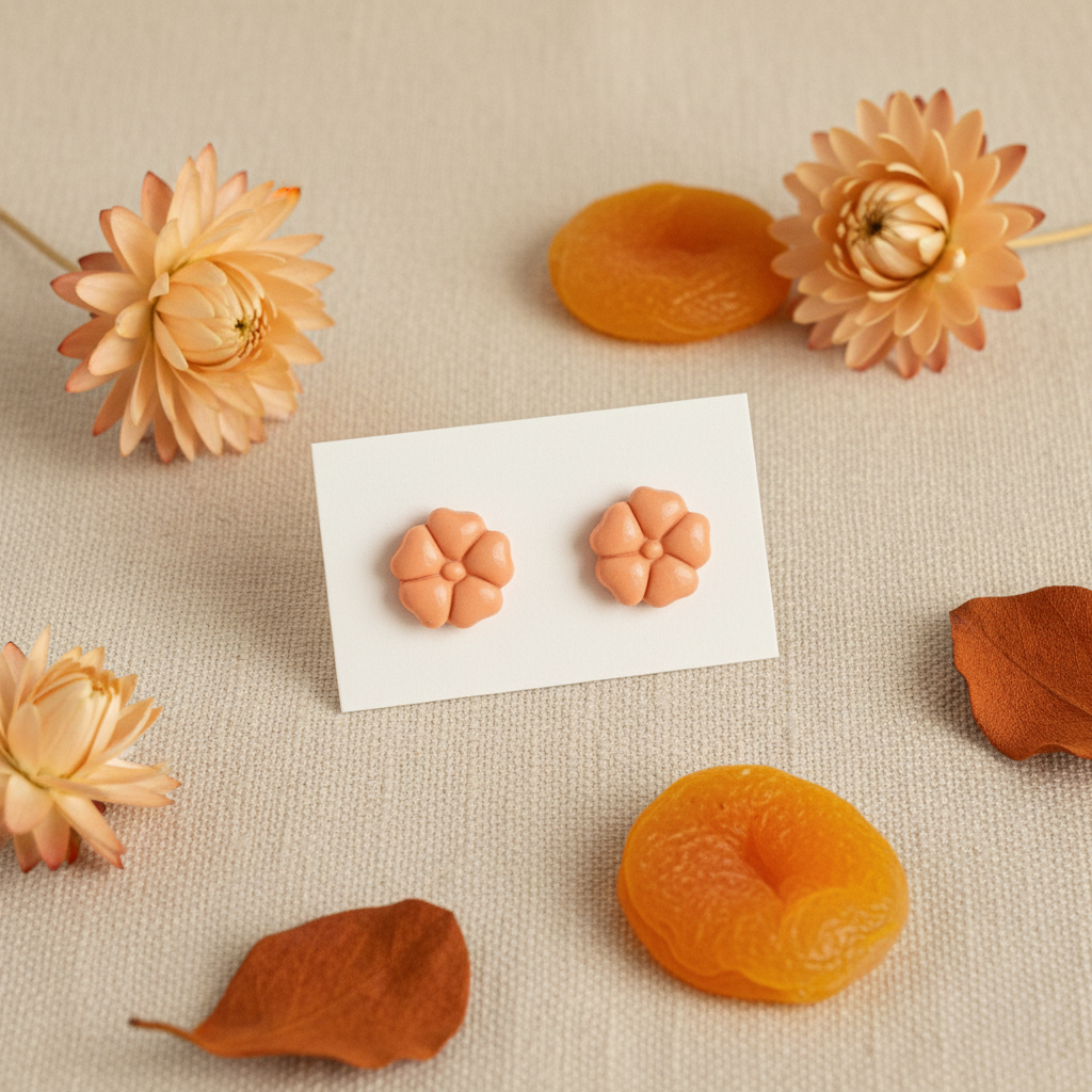 Blossom Studs in Brandied Melon — handmade polymer clay 5-petal flower stud earrings, displayed on white card with warm peach and apricot botanical styling, handcrafted in New Zealand by Crafty Larder