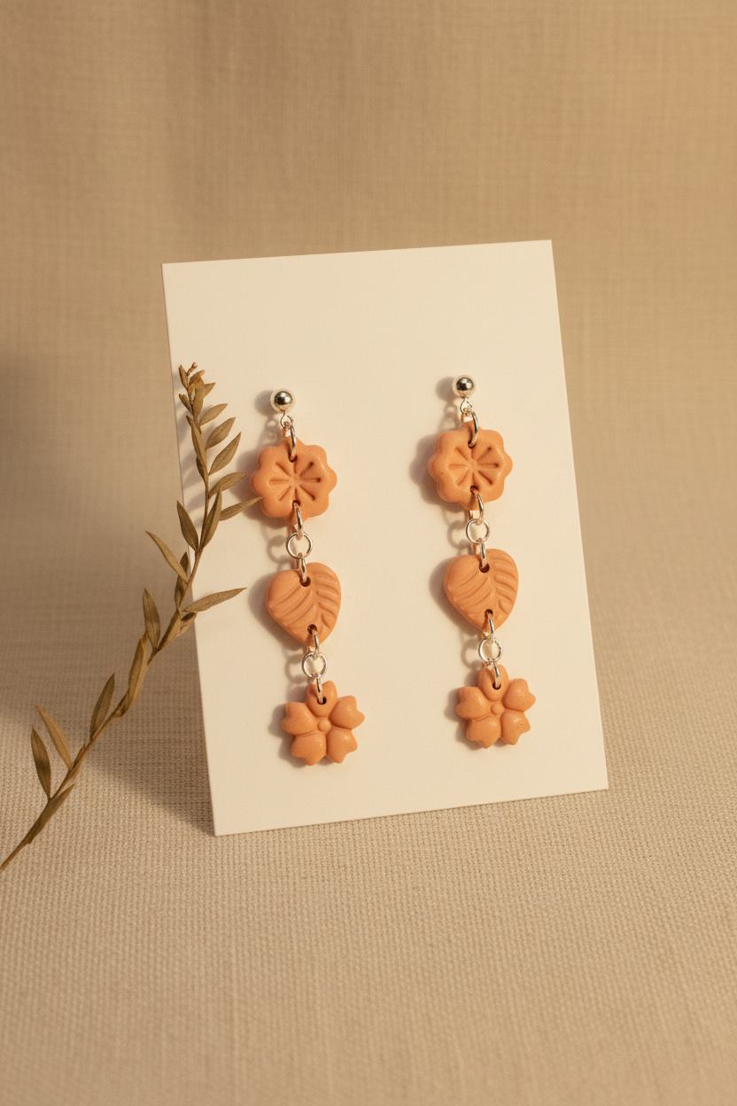 Handmade polymer clay Botanical Trio Earrings in Brandied Melon — warm peachy-apricot three-tier flower, leaf & flower drop earrings on a plain white jewellery card with dried botanical stem"