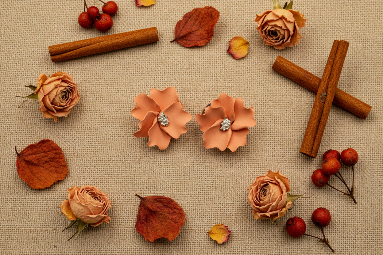 Autumn Petal Studs in Brandied Melon flat lay with dried autumn leaves and peach roses on linen, handmade polymer clay earrings from Crafty Larder's Harvest & Dusk Collection