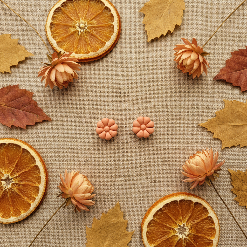 Dahlia Studs in Brandied Melon flat lay with dried peach flowers and golden autumn leaves on warm linen, handmade polymer clay earrings from Crafty Larder's Harvest & Dusk Collection