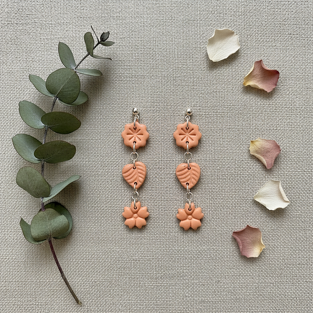 Flat lay of Crafty Larder Botanical Trio Earrings in Brandied Melon on warm grey linen with eucalyptus — handmade polymer clay three-tier flower, leaf & flower drop earrings in warm peachy-apricot