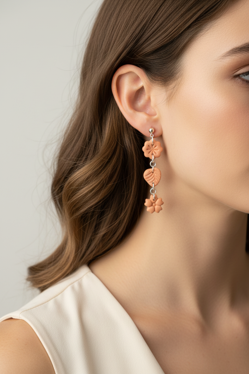 Model wearing Crafty Larder Botanical Trio Earrings in Brandied Melon — handmade polymer clay three-tier botanical drop earrings in warm peachy-apricot showing full length against neck and collarbone