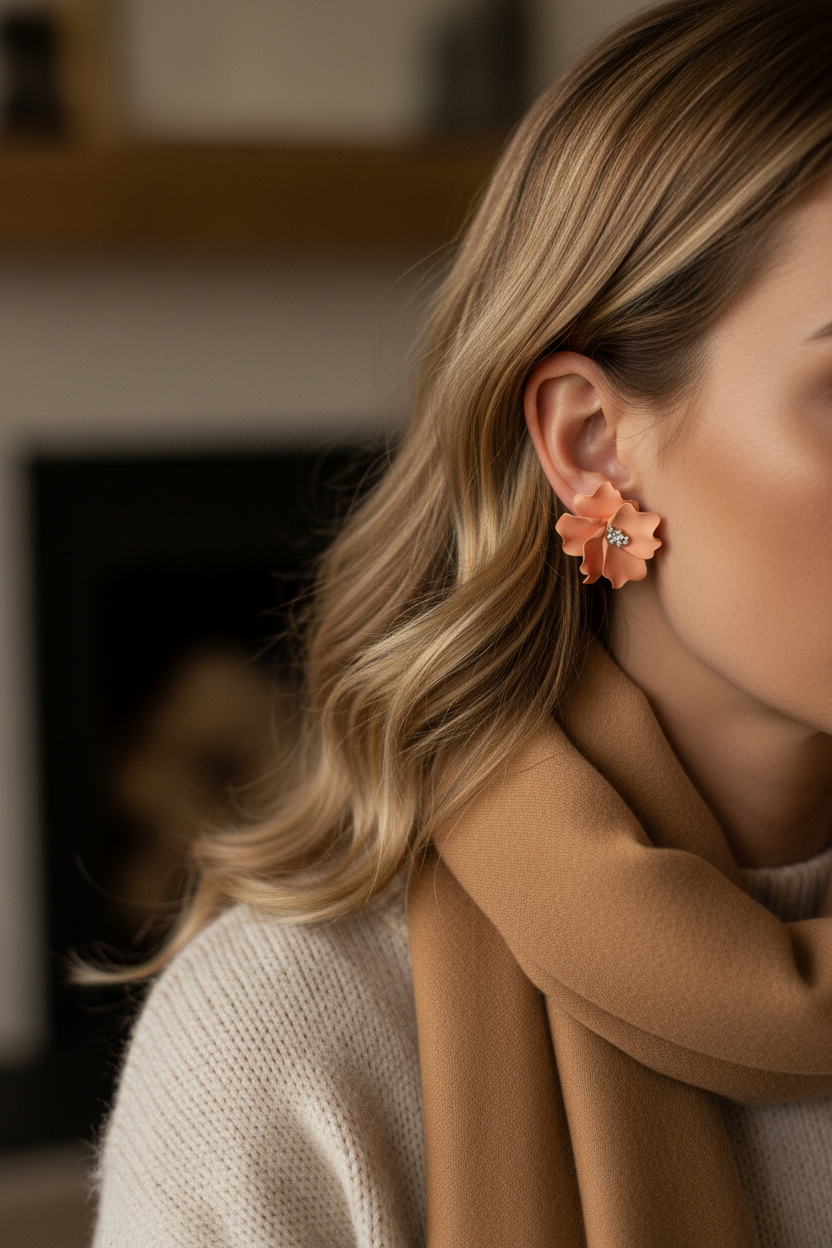 Woman wearing Autumn Petal Studs in Brandied Melon peach-coral, large polymer clay floral studs with silver centre, handcrafted in New Zealand