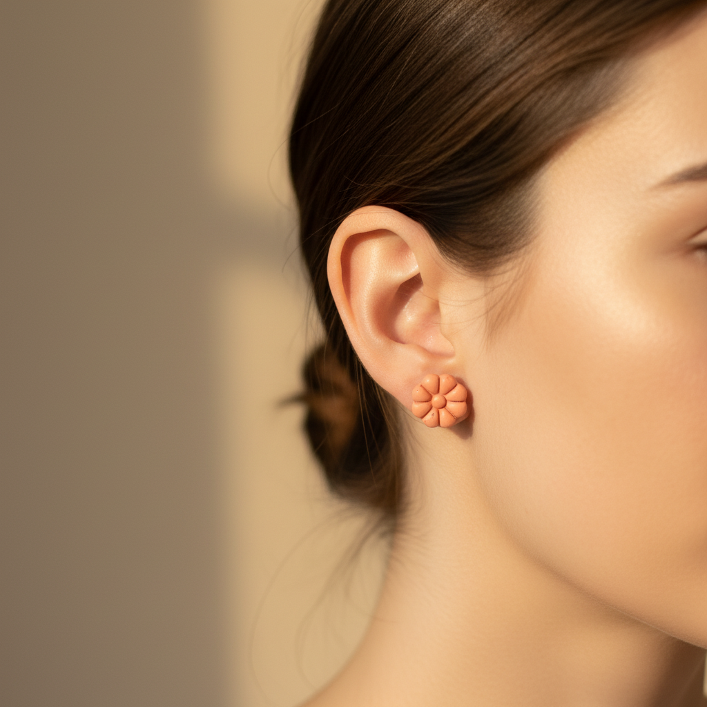 Woman wearing Dahlia Studs in Brandied Melon, warm peachy coral polymer clay 8-petal dahlia flower studs, handcrafted in New Zealand by Crafty Larder
