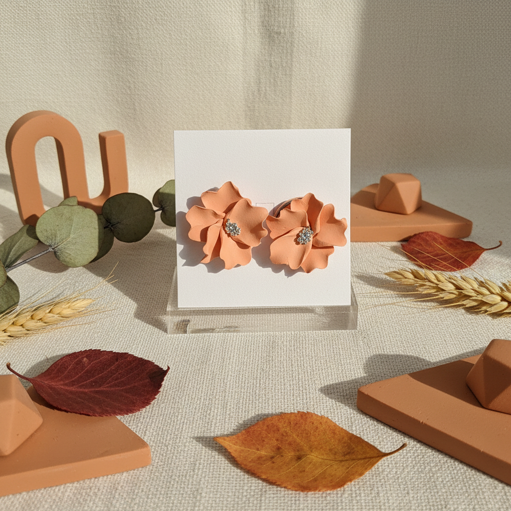 Autumn Petal Studs in Brandied Melon — handmade polymer clay floral stud earrings with silver stamen, displayed on white card with autumn botanical styling