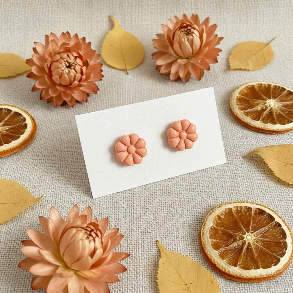 Dahlia Studs in Brandied Melon — handmade polymer clay 8-petal dahlia flower stud earrings, displayed on white card with warm peach botanical styling, handcrafted in New Zealand by Crafty Larder