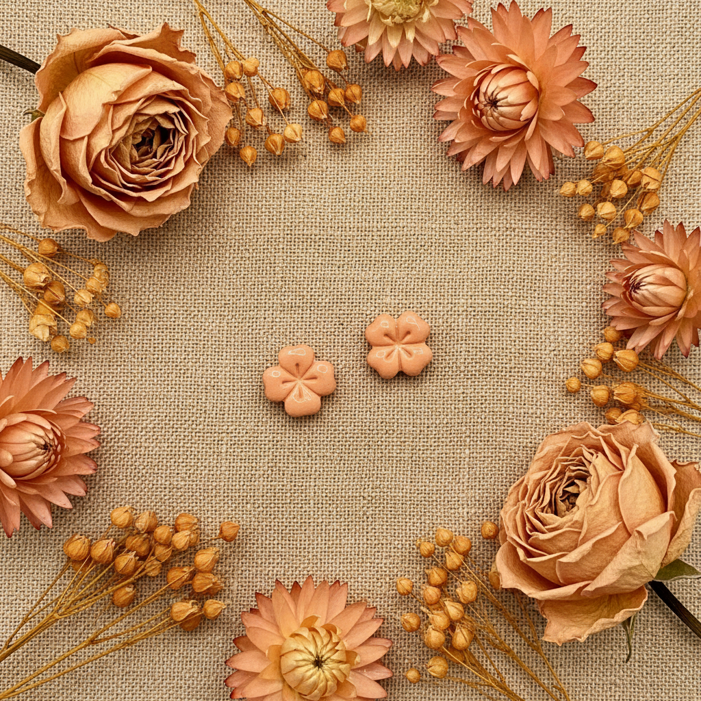 Briar Studs in Brandied Melon flat lay with dried peach roses and warm golden botanicals on warm linen, handmade polymer clay earrings from Crafty Larder's Harvest & Dusk Collection