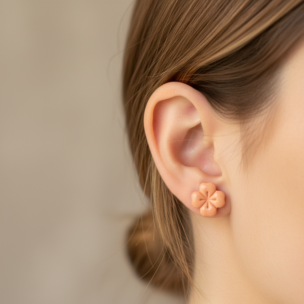 Woman wearing a Briar Stud in Brandied Melon, warm peachy apricot polymer clay flower stud with minimal etched petal lines, handcrafted in New Zealand by Crafty Larder