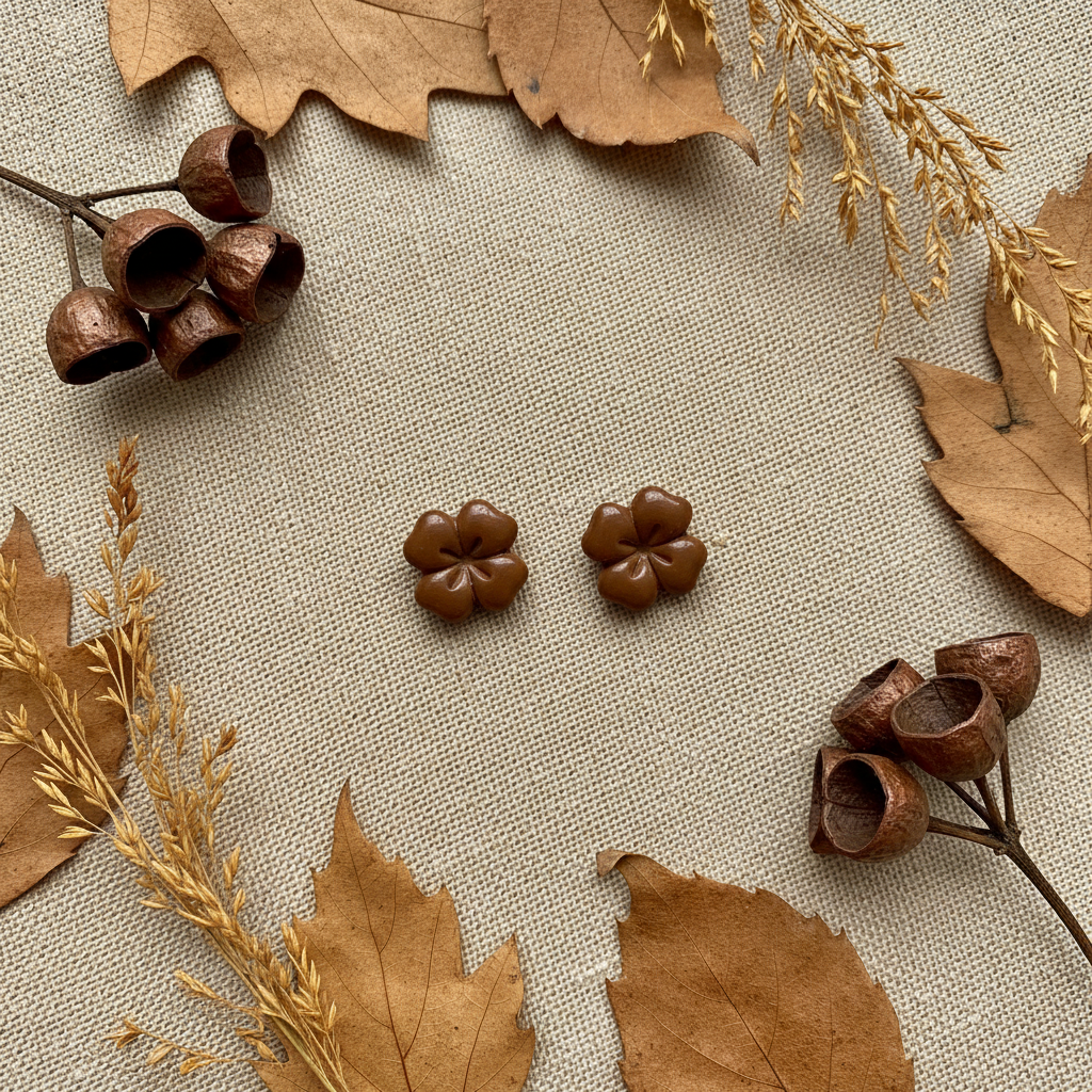 Briar Studs in Bronze Brown flat lay with dried bronze seed pods and warm brown autumn leaves on warm linen, handmade polymer clay earrings from Crafty Larder's Harvest & Dusk Collection