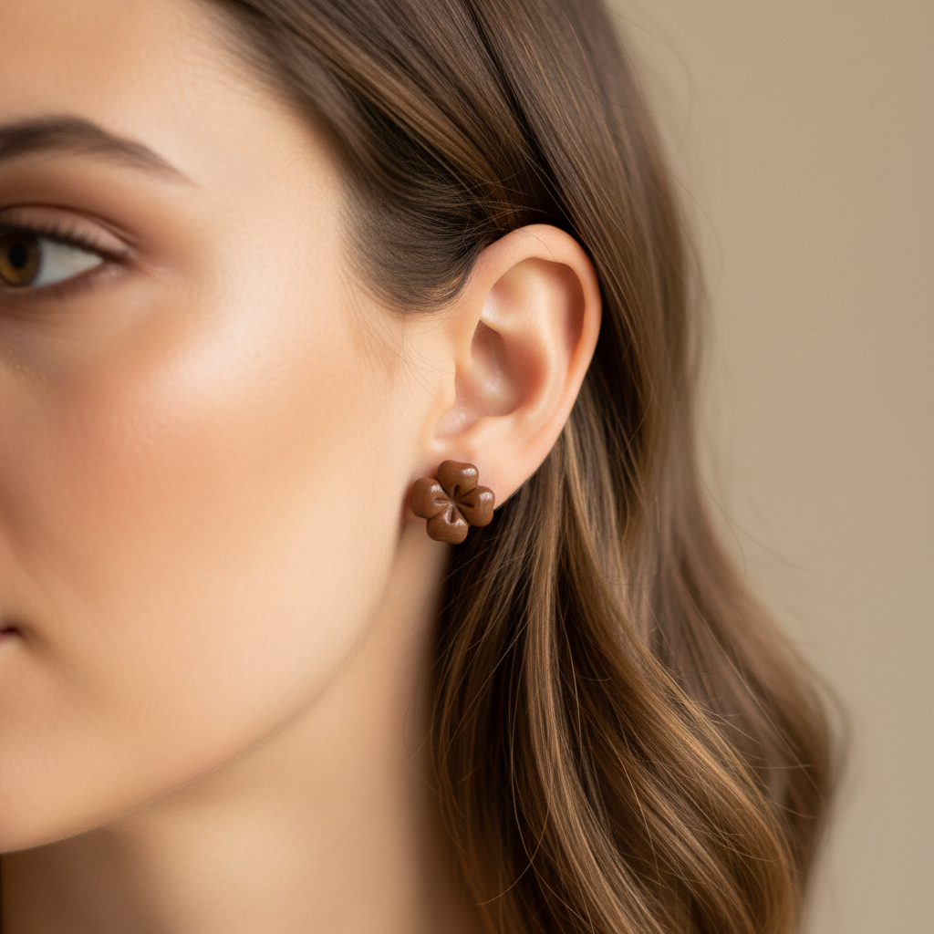 Woman wearing a Briar Stud in Bronze Brown, rich warm chocolate brown polymer clay flower stud with minimal etched petal lines, handcrafted in New Zealand by Crafty Larder
