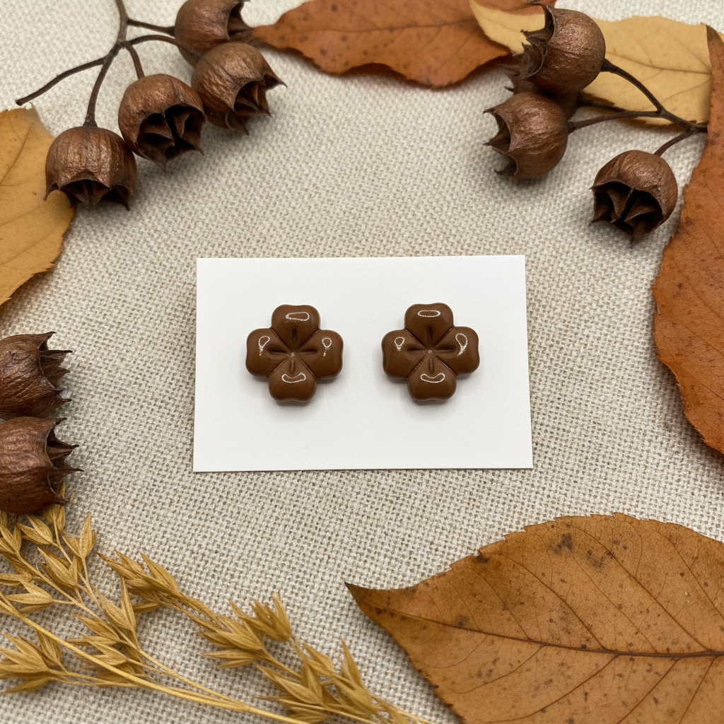 Briar Studs in Bronze Brown — handmade polymer clay 5-petal flower stud earrings with clean etched petal lines and glossy finish, displayed on white card with dried bronze seed pods and golden dried grass styling, handcrafted in New Zealand by Crafty Larder