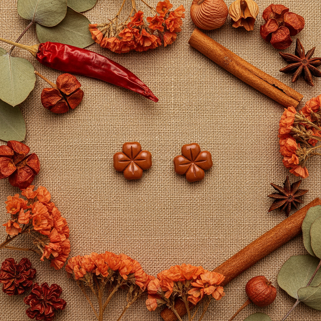Briar Studs in Chili Oil flat lay with dried chili peppers and cinnamon sticks on warm linen, handmade polymer clay earrings from Crafty Larder's Harvest & Dusk Collection