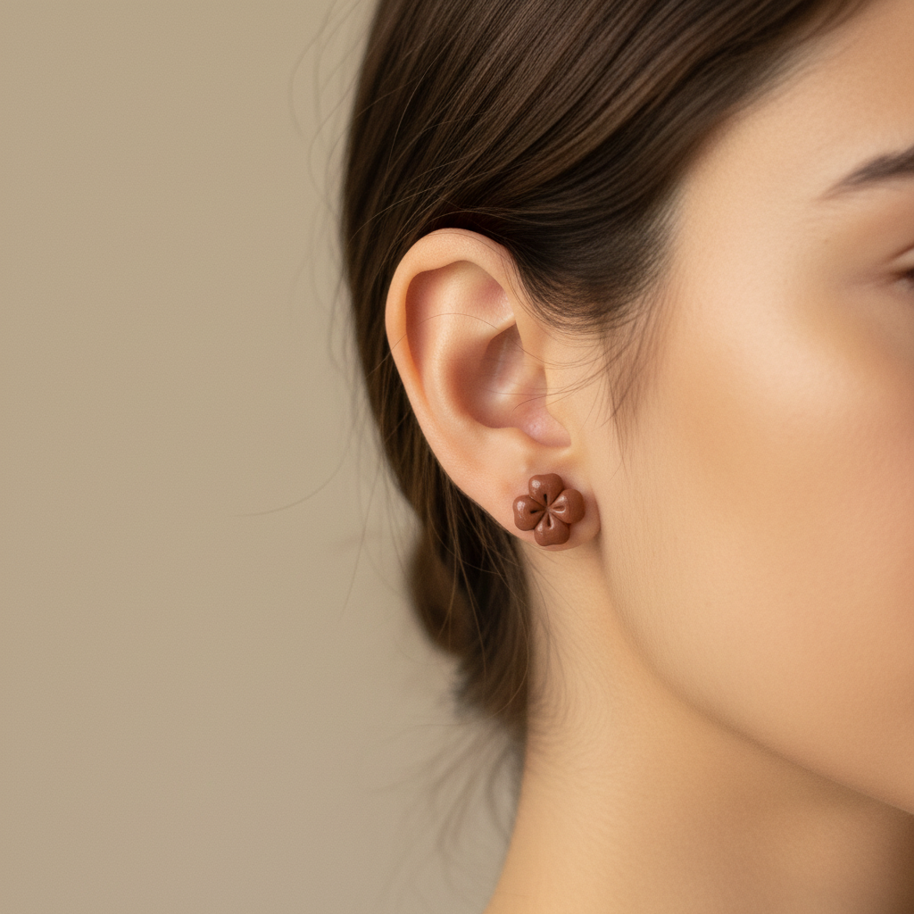 Woman wearing a Briar Stud in Chili Oil, warm cinnamon brown polymer clay flower stud with minimal etched petal lines, handcrafted in New Zealand by Crafty Larder