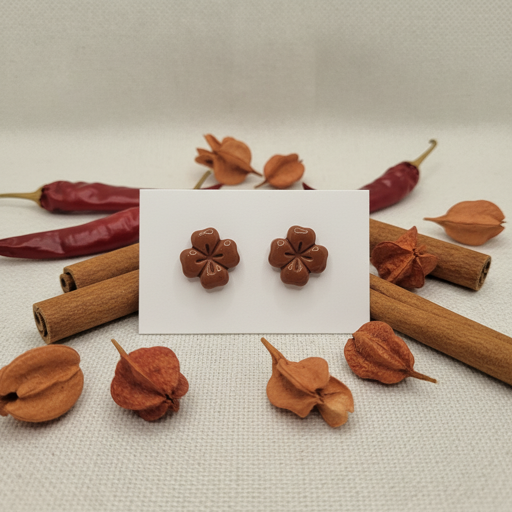 Briar Studs in Chili Oil — handmade polymer clay 5-petal flower stud earrings with clean etched petal lines and glossy finish, displayed on white card with dried chili peppers and cinnamon stick styling, handcrafted in New Zealand by Crafty Larder
