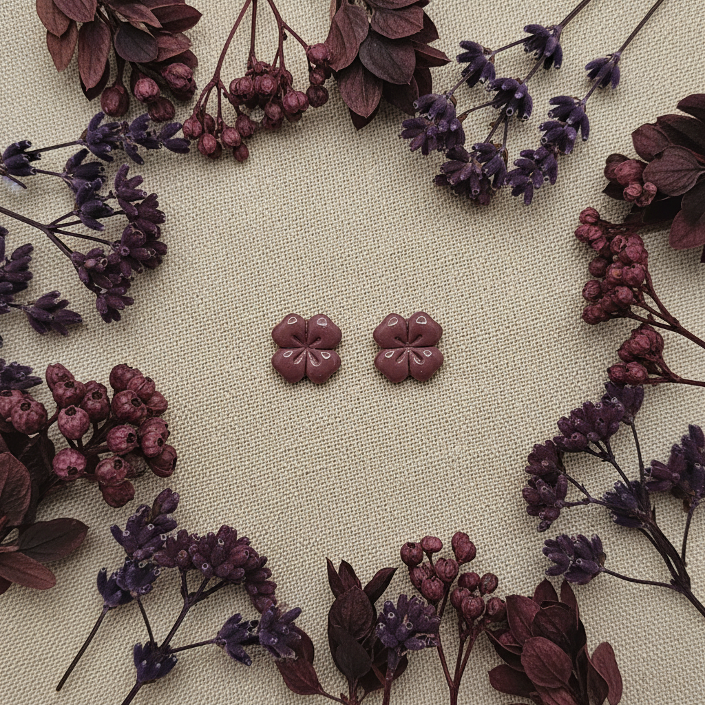 Briar Studs in Damson flat lay with dried dark plum lavender and deep purple berries on warm linen, handmade polymer clay earrings from Crafty Larder's Harvest & Dusk Collection