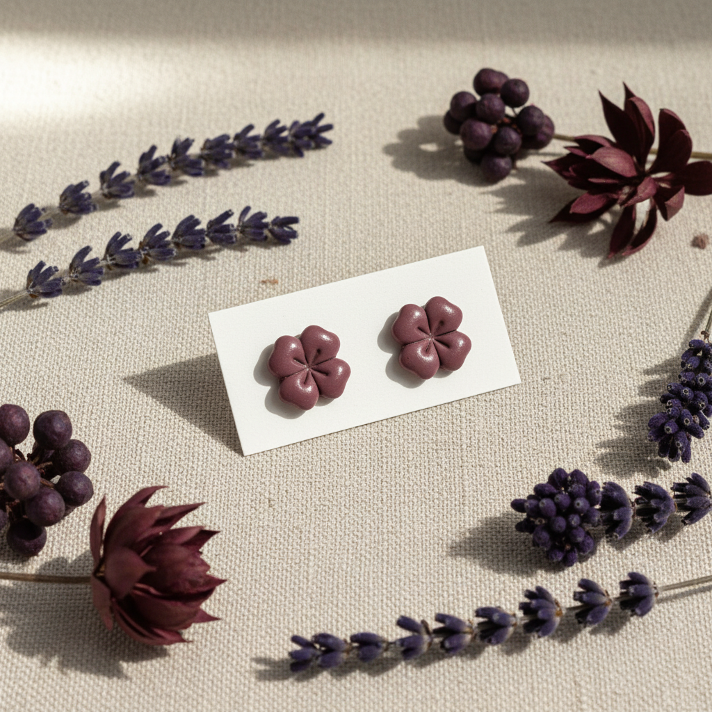 Briar Studs in Damson — handmade polymer clay flower stud earrings with clean etched petal lines and glossy domed finish, displayed on white card with dried dark plum lavender and burgundy botanical styling, handcrafted in New Zealand by Crafty Larder