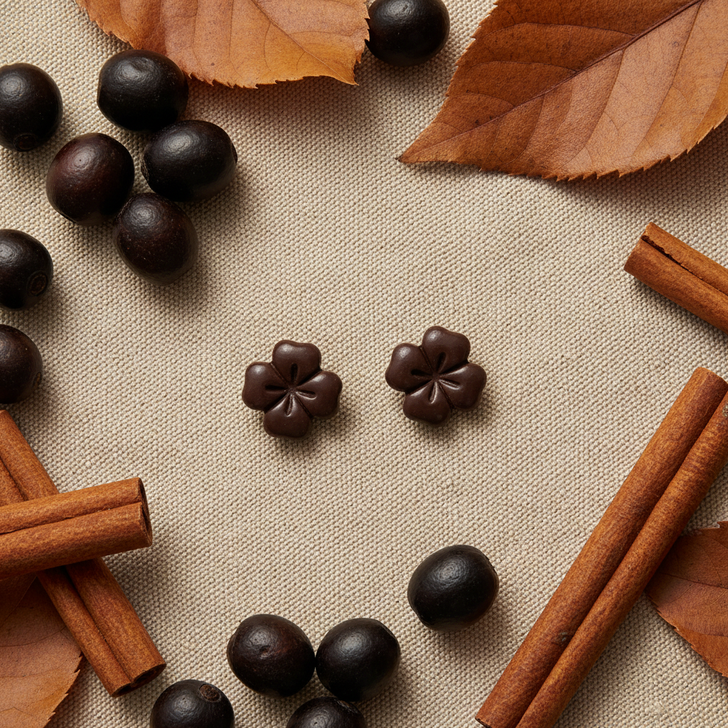 Briar Studs in French Roast flat lay with dark dried coffee berries and rich brown autumn leaves on warm linen, handmade polymer clay earrings from Crafty Larder's Harvest & Dusk Collection
