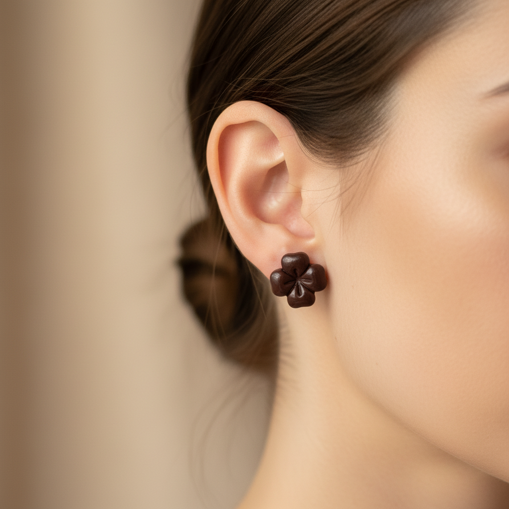 Woman wearing Briar Studs in French Roast, deep dark espresso brown polymer clay flower studs with minimal etched petal lines, handcrafted in New Zealand by Crafty Larder