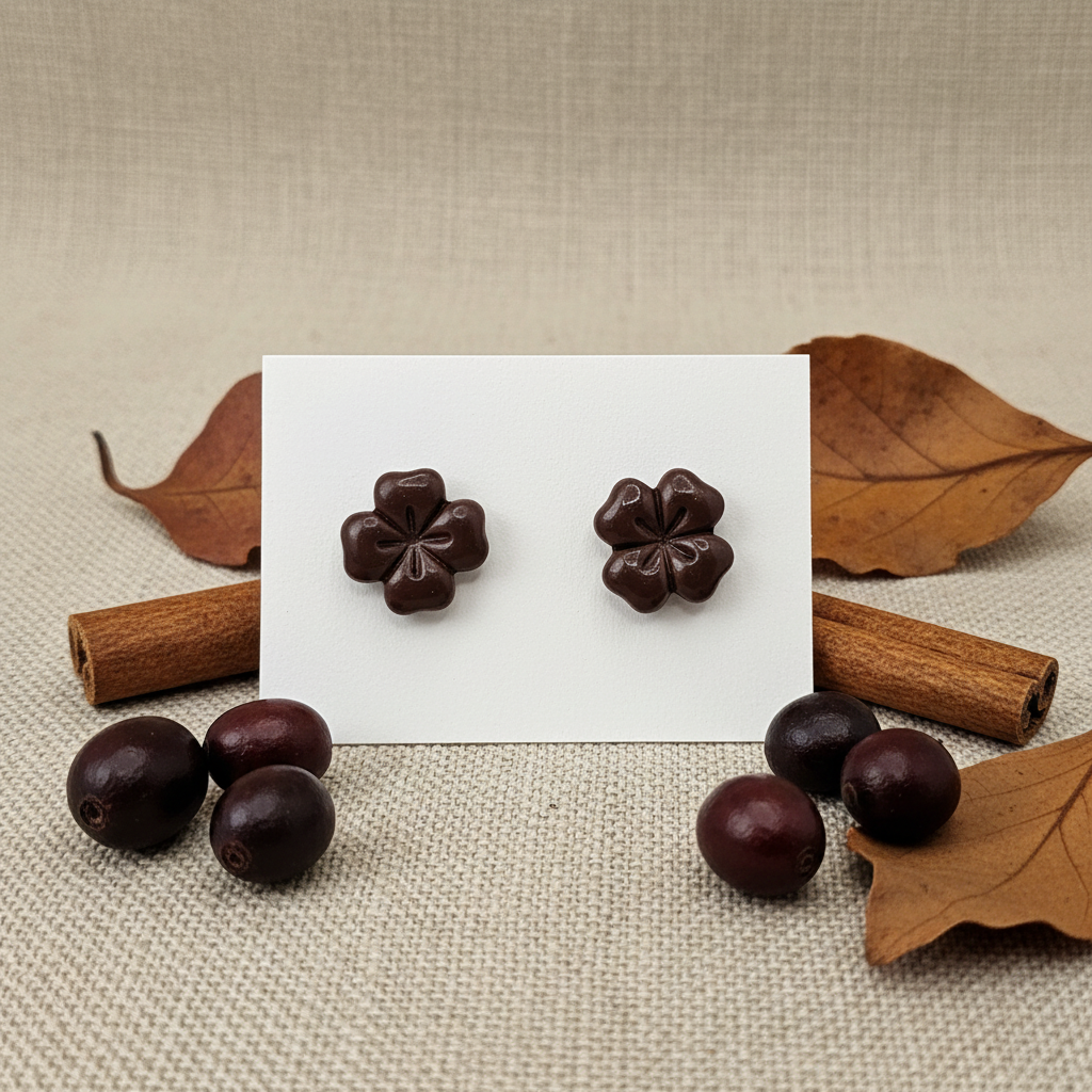 Briar Studs in French Roast — handmade polymer clay 5-petal flower stud earrings with clean etched petal lines and glossy finish, displayed on white card with dried coffee berries and cinnamon stick styling, handcrafted in New Zealand by Crafty Larder