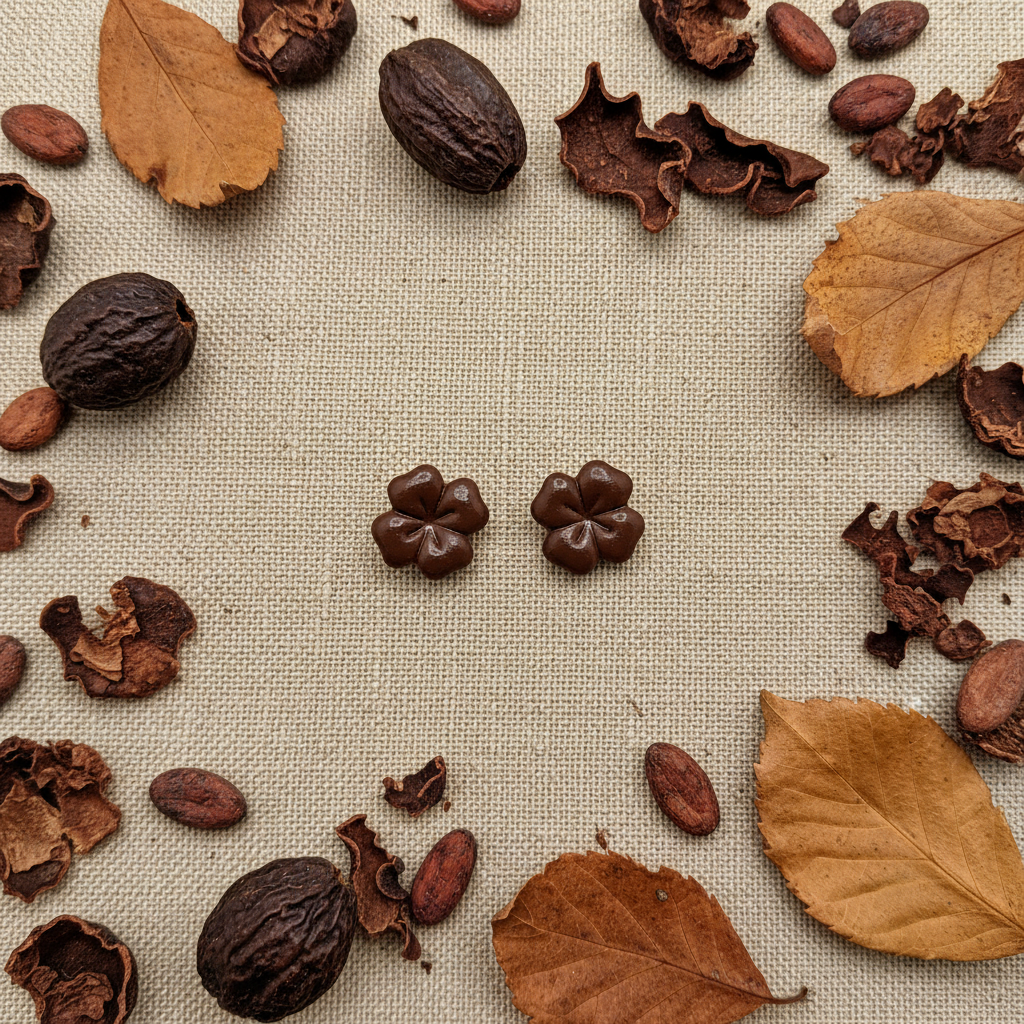 Briar Studs in Hot Chocolate flat lay with dark chocolate dried seed pods and warm brown autumn leaves on warm linen, handmade polymer clay earrings from Crafty Larder's Harvest & Dusk Collection