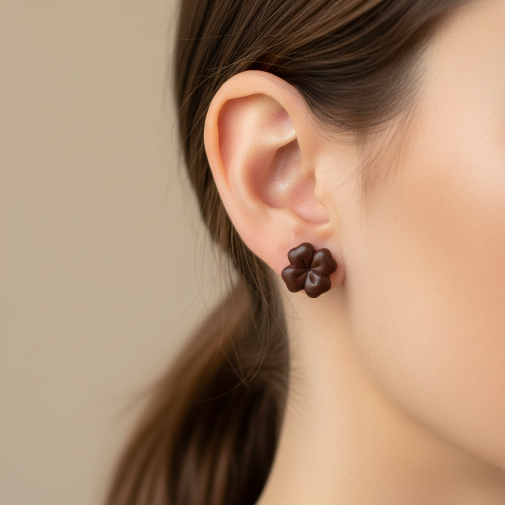 Woman wearing a Briar Stud in Hot Chocolate, deep dark chocolate brown polymer clay flower stud with minimal etched petal lines, handcrafted in New Zealand by Crafty Larder