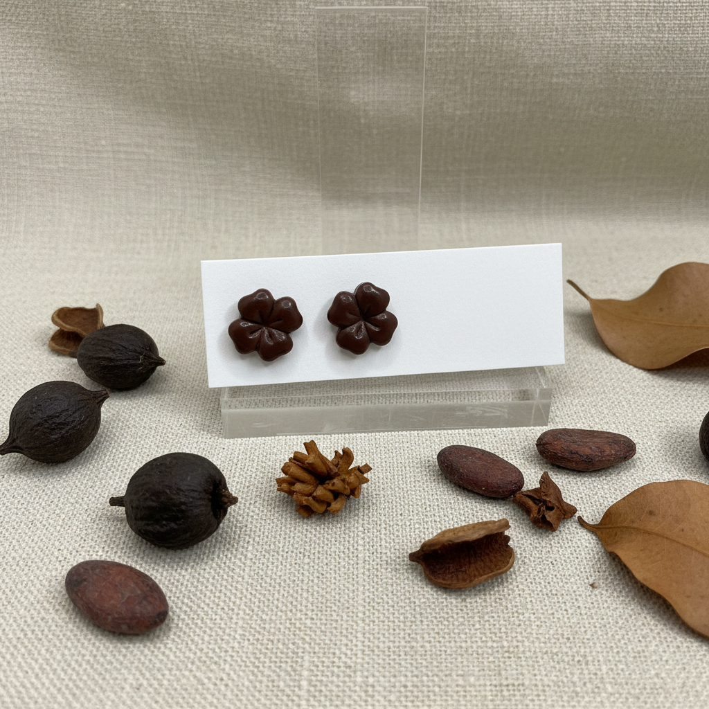 Briar Studs in Hot Chocolate — handmade polymer clay flower stud earrings with clean etched petal lines and glossy domed finish, displayed on white card with dark dried seed pods and cocoa botanical styling, handcrafted in New Zealand by Crafty Larder