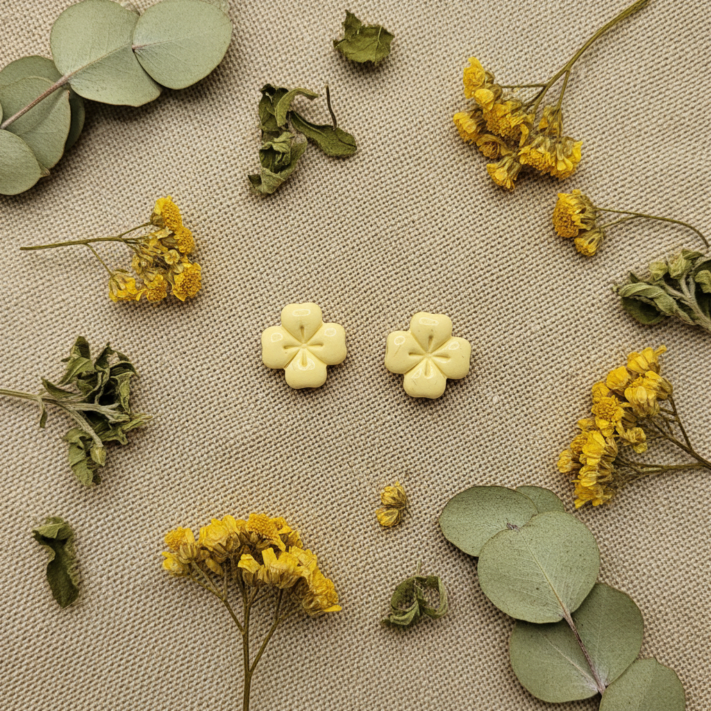 Briar Studs in Lemon Grass flat lay with dried lemon verbena and yellow wildflowers on warm linen, handmade polymer clay earrings from Crafty Larder's Harvest & Dusk Collection