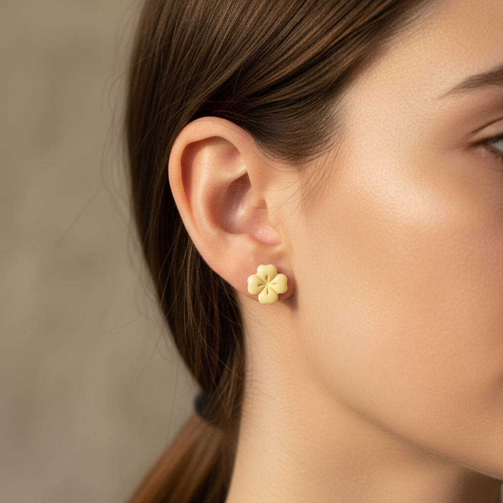 Woman wearing Briar Studs in Lemon Grass, soft buttery yellow polymer clay flower studs with etched petal lines, handcrafted in New Zealand by Crafty Larder