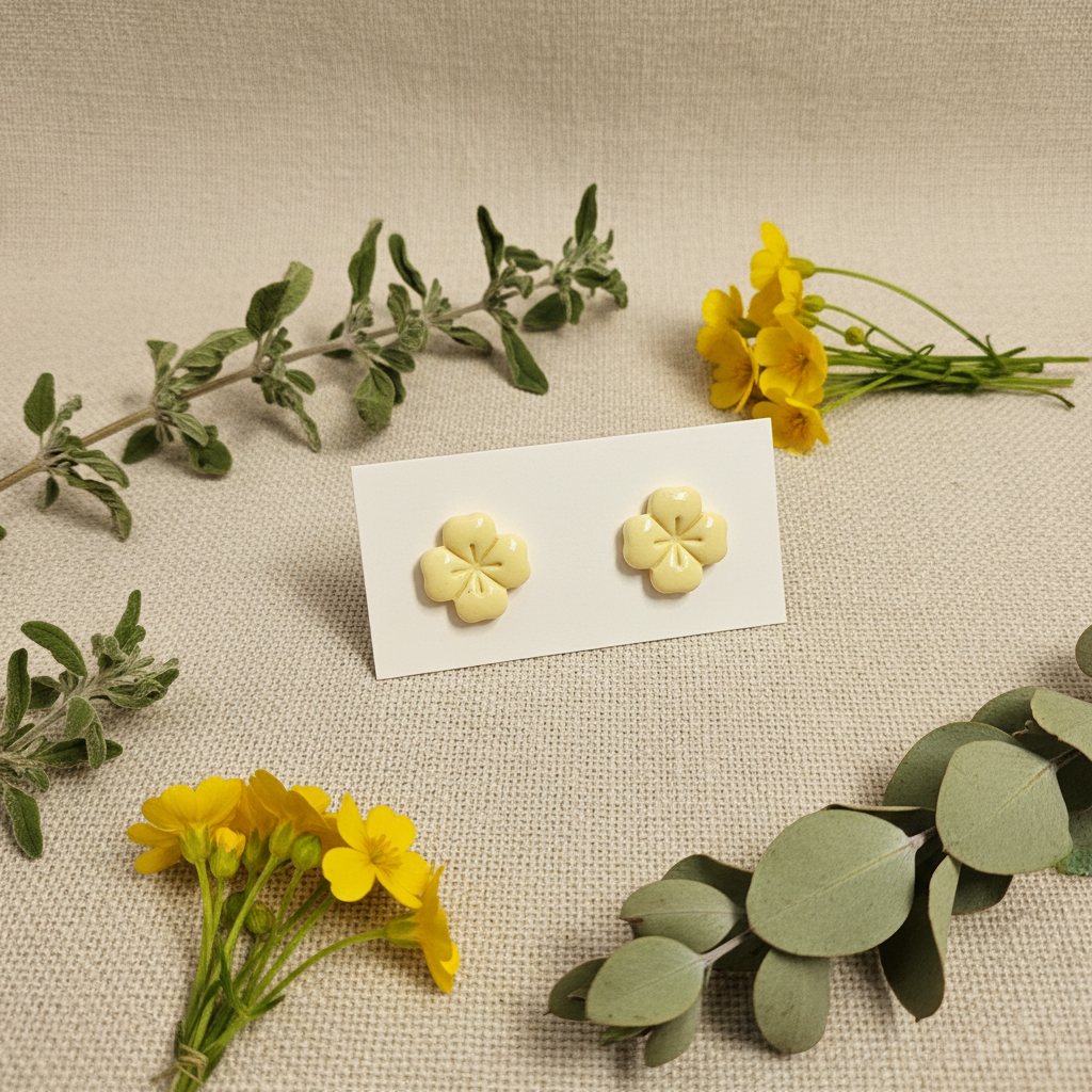 Briar Studs in Lemon Grass — handmade polymer clay 5-petal flower stud earrings with etched petal detail, displayed on white card with fresh lemon verbena and yellow wildflower styling, handcrafted in New Zealand by Crafty Larder