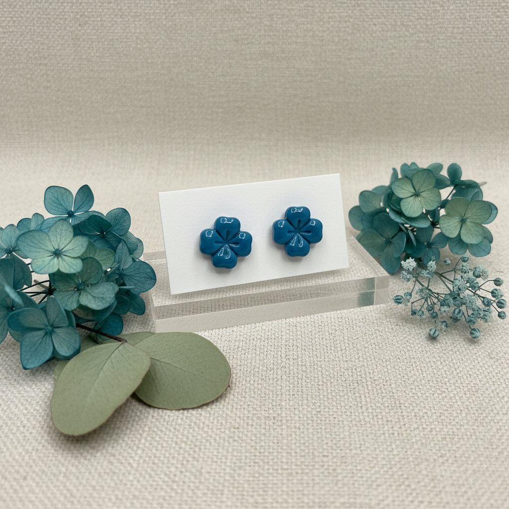 Briar Studs in Lyons Blue — handmade polymer clay flower stud earrings with clean etched petal lines and glossy domed finish, displayed on white card with dried teal hydrangeas and sage eucalyptus styling, handcrafted in New Zealand by Crafty Larder