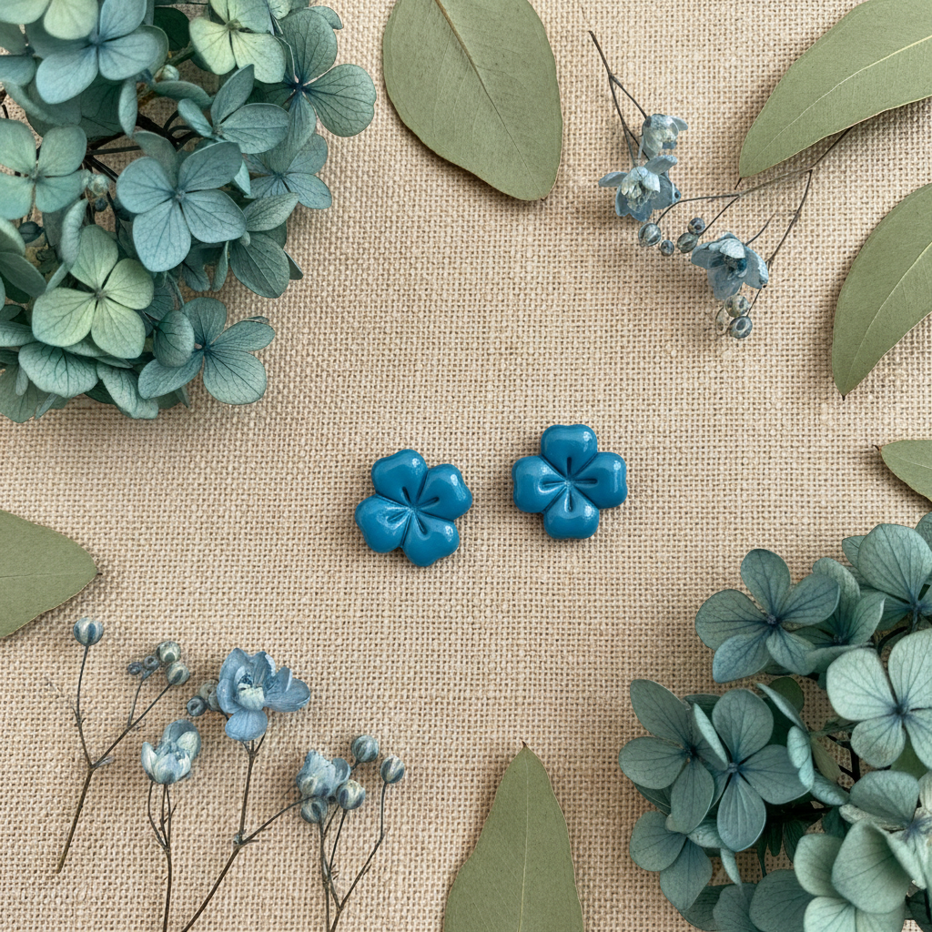 riar Studs in Lyons Blue flat lay with dried teal hydrangeas and pale blue botanicals on warm linen, handmade polymer clay earrings from Crafty Larder's Harvest & Dusk Collection