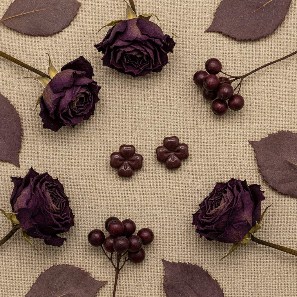 Briar Studs in Mauve Wine flat lay with dried dark plum roses and burgundy berries on warm linen, handmade polymer clay earrings from Crafty Larder's Harvest & Dusk Collection