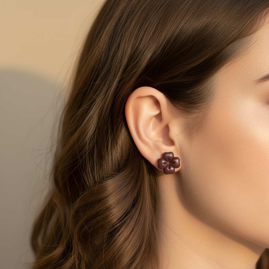 Woman wearing Briar Studs in Mauve Wine, deep plummy purple-brown polymer clay flower studs with minimal etched petal lines, handcrafted in New Zealand by Crafty Larder