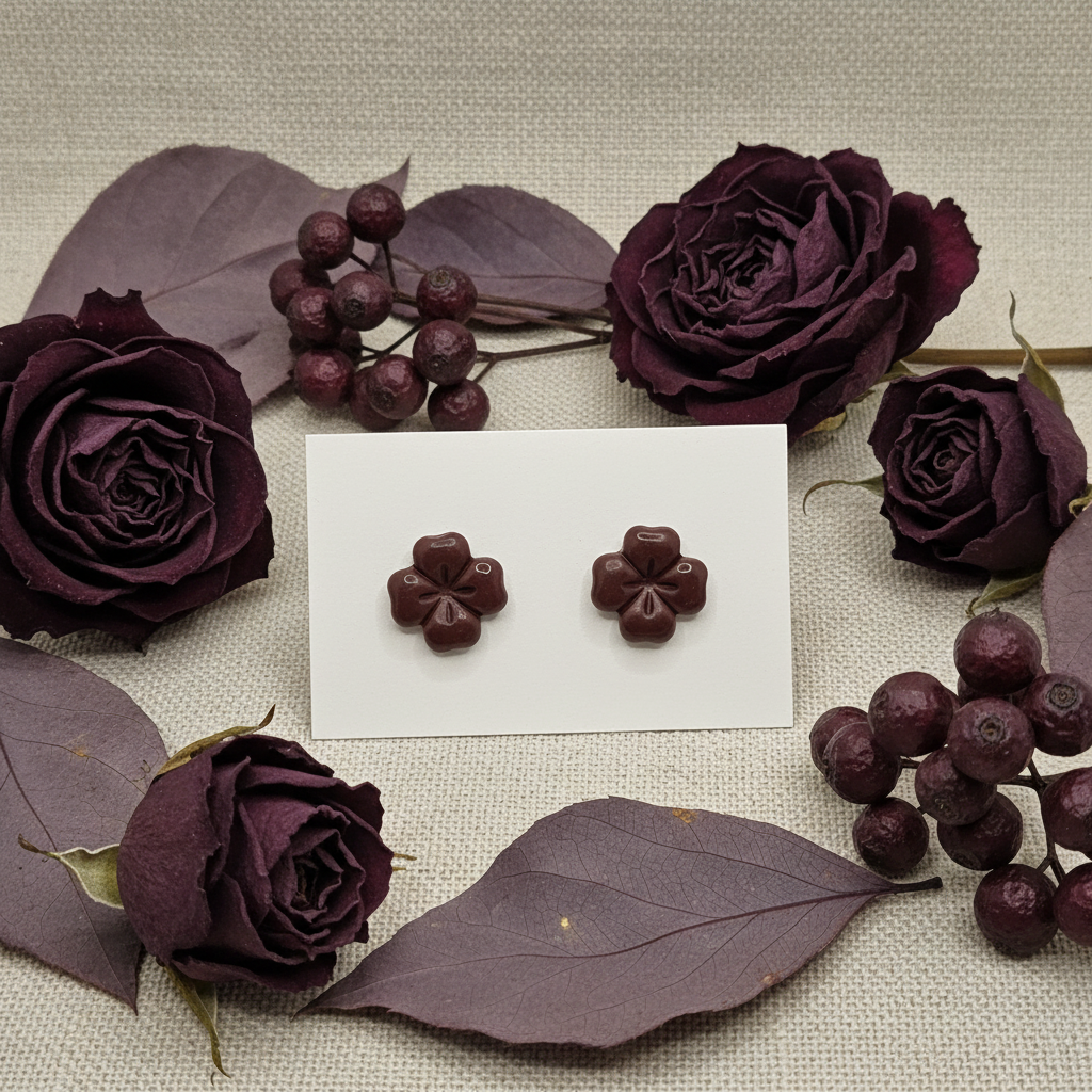 riar Studs in Mauve Wine — handmade polymer clay 5-petal flower stud earrings with clean etched petal lines and glossy finish, displayed on white card with dried dark plum roses and burgundy berry styling, handcrafted in New Zealand by Crafty Larder