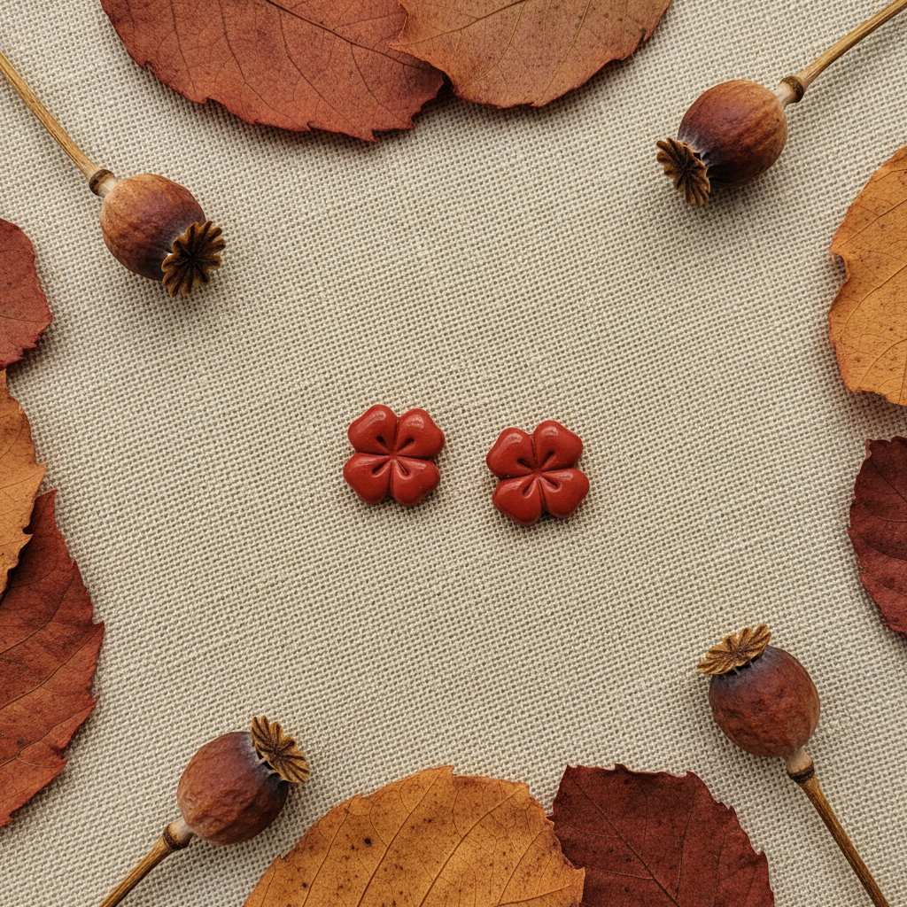 Briar Studs in Poppy Red flat lay with dried red poppies and russet autumn leaves on warm linen, handmade polymer clay earrings from Crafty Larder's Harvest & Dusk Collection