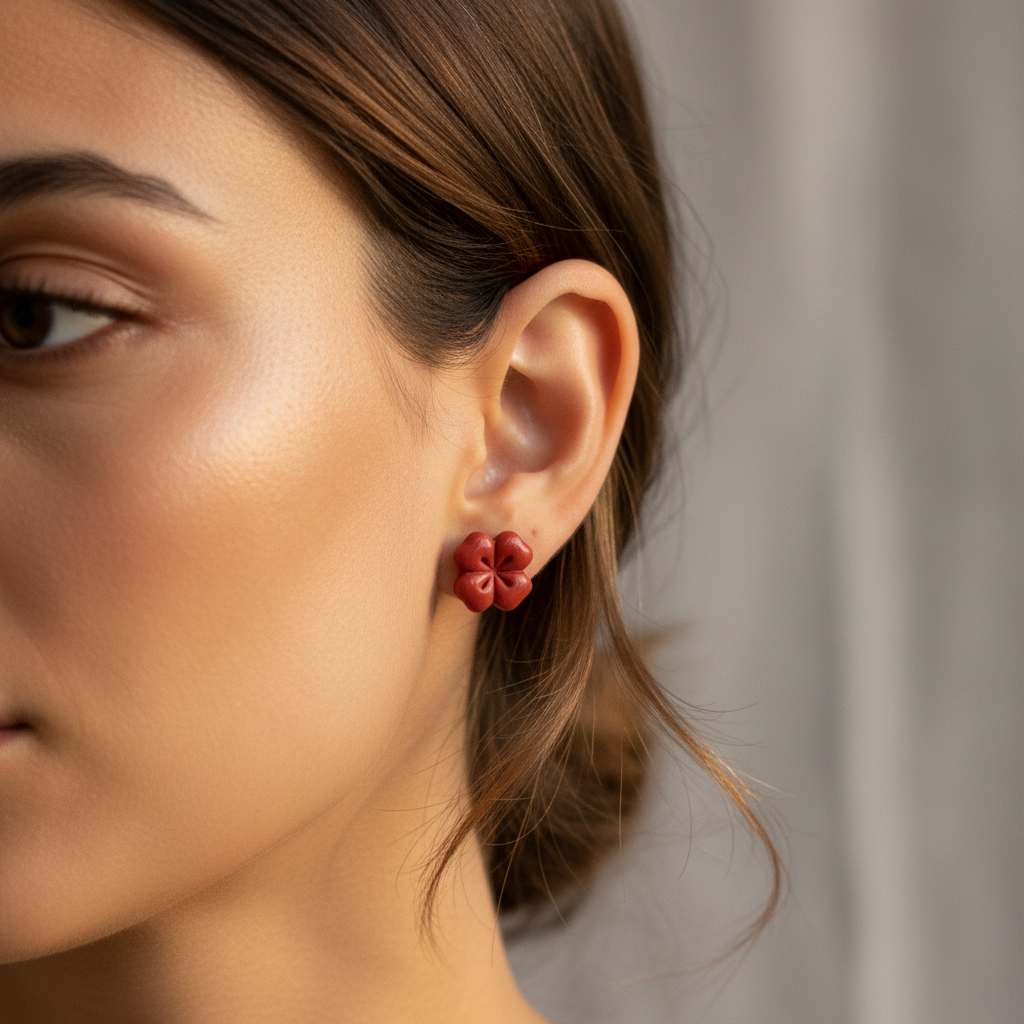 Woman wearing Briar Studs in Poppy Red, bold brick red polymer clay flower studs with clean etched petal lines, handcrafted in New Zealand by Crafty Larder